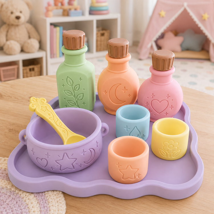 Pastel Color Kids Sensory & Pretend Play Set | 3D Printed Play Potion Set | Pastel Bowl, Cups, Bottles and Spoon