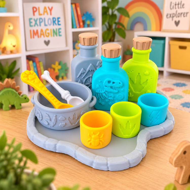 Dino Color Kids Sensory & Pretend Play Set | 3D Printed Play Potion Set | Bowl, Cups, Bottles and Spoon