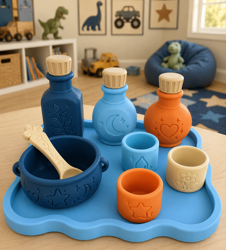 Blue-E Color Kids Sensory & Pretend Play Set | 3D Printed Play Potion Set | Pastel Bowl, Cups, Bottles and Spoon