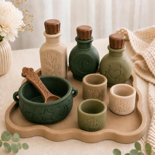 Forest Color Sensory & Pretend Play Set | 3D Printed Play Potion Set | Green Bowl, Cups, Bottles and Spoon