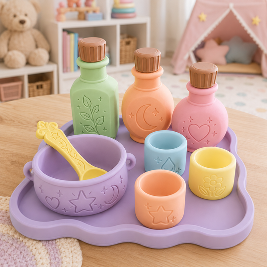 Pastel Color Kids Sensory & Pretend Play Set | 3D Printed Play Potion Set | Pastel Bowl, Cups, Bottles and Spoon